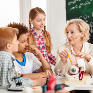 teacher teaching students science anatomy