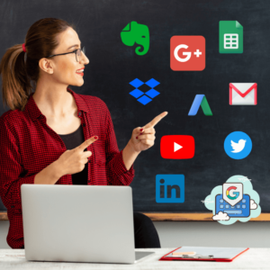 teacher pointing at virtual tools